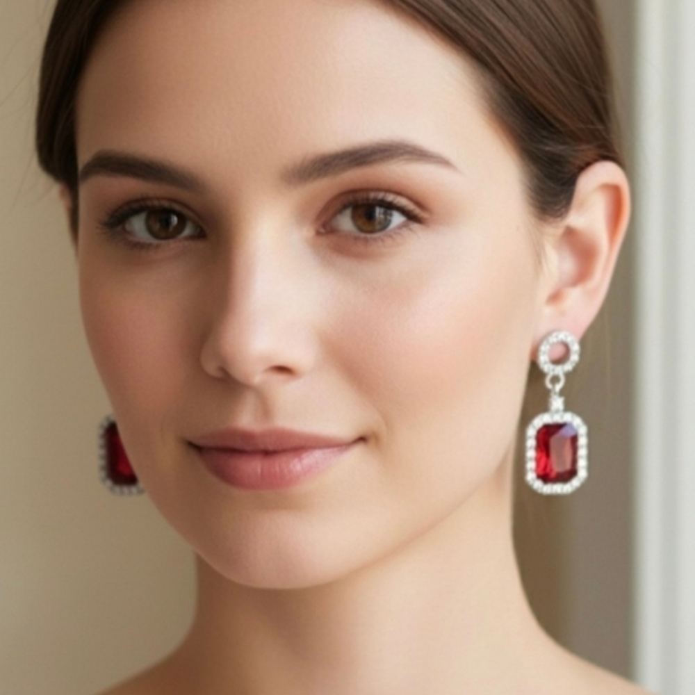 Silver-plated faux crystal earrings with high-quality red and white. 4 Cm